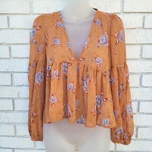 Orange Fall floral sheer babydoll blouse